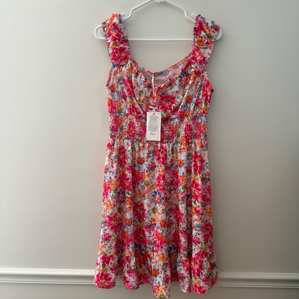 Grace Karin Floral Smocked Square Neck Flutter Sleeve Midi‎ Dress Women M